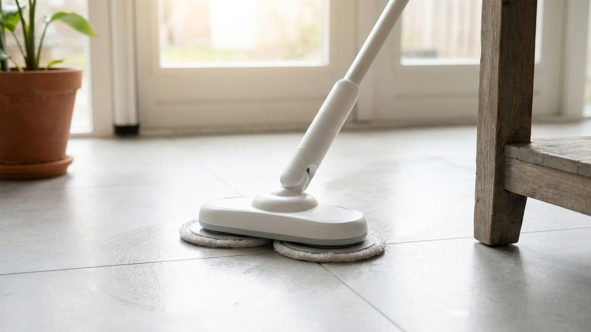 Witte draadloze elektrische dweil met twee ronde, draaiende microvezelpads op een lichtgrijze tegelvloer in een lichte keuken, naast een houten tafelpoot en een plant in een terracotta pot, met ochtendlicht door de tuindeuren