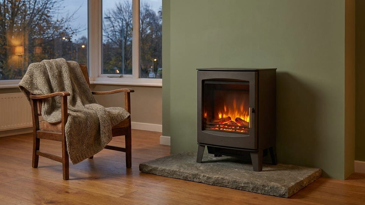 Vrijstaande elektrische haard met led-vlammen achter glas op een stenen vloerplaat, in een Nederlandse woonkamer op een herfstavond, met een fauteuil op afstand