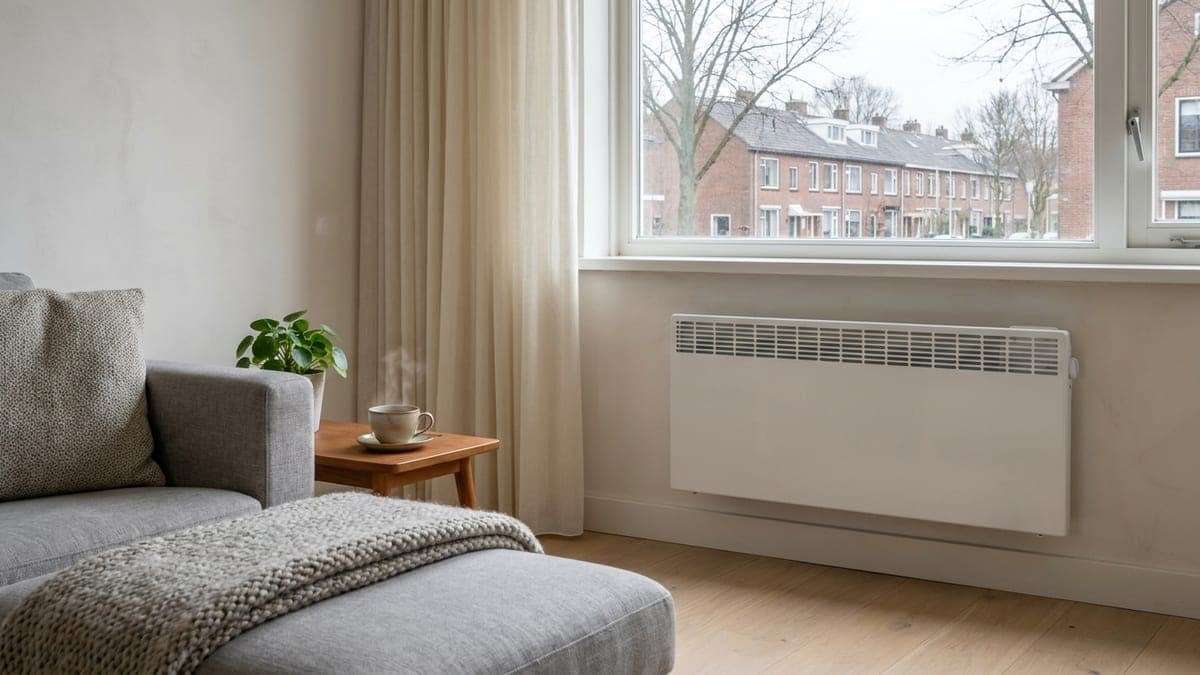 Witte elektrische wandconvector met ventilatieroosters aan de bovenkant, onder het raam van een Nederlandse woonkamer met een eikenhouten vloer; buiten kale bomen en bakstenen rijtjeshuizen op een grijze winterdag, binnen een grijze bank met een gebreide plaid en een kop thee