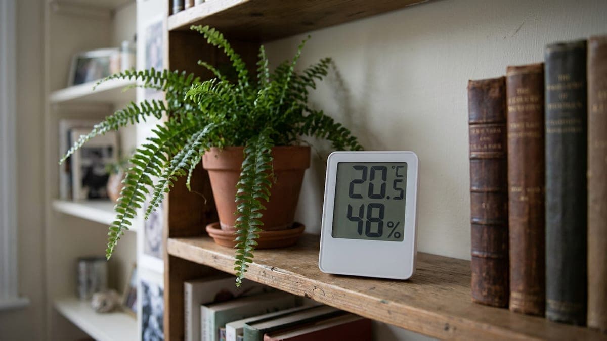 Witte digitale hygrometer op een houten boekenplank tegen een binnenmuur, naast een varen en oude boeken