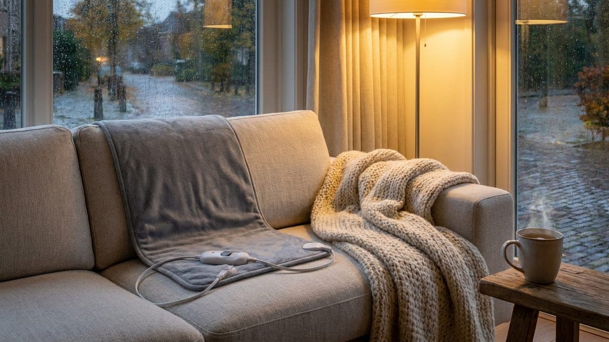 Grijs elektrisch warmtekussen met snoer en bediening op een linnen bank naast een gebreide plaid, regen op het raam op een herfstavond