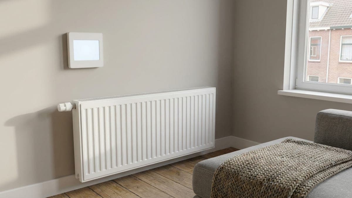 Witte vierkante thermostaat met een leeg verlicht scherm aan een lichtgrijze muur in een Nederlandse woonkamer, boven een witte paneelradiator met radiatorknop, met een eikenhouten vloer, een grijze bank met gebreide plaid en bakstenen huizen achter het raam