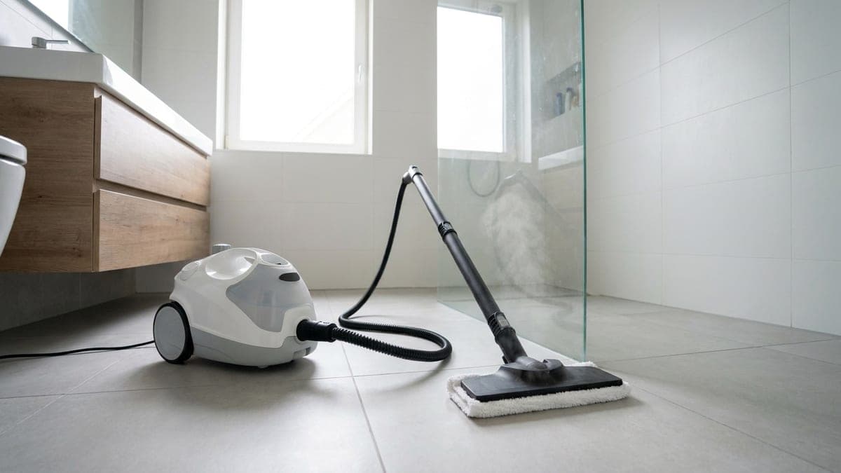 Witte sledestoomreiniger met zwarte stoomslang en een vloermondstuk met microvezeldoek op lichtgrijze tegels in een lichte badkamer, met een wolkje stoom bij de glazen douchewand