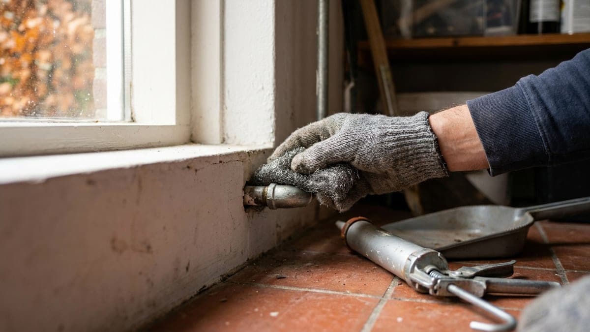 Hand met werkhandschoen duwt staalwol in de kier rond een leiding die vlak boven de vloer door de muur gaat
