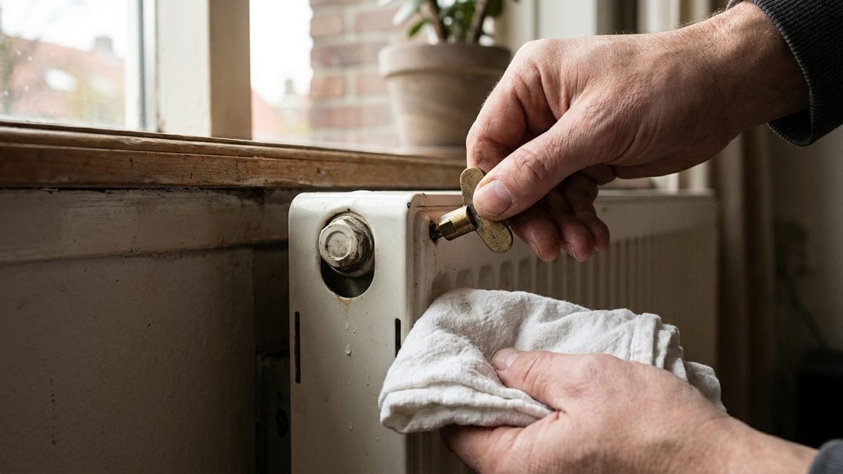 Hand draait met een messing ontluchtingssleutel het kraantje bovenin een witte radiator open, met een doek eronder om druppels op te vangen