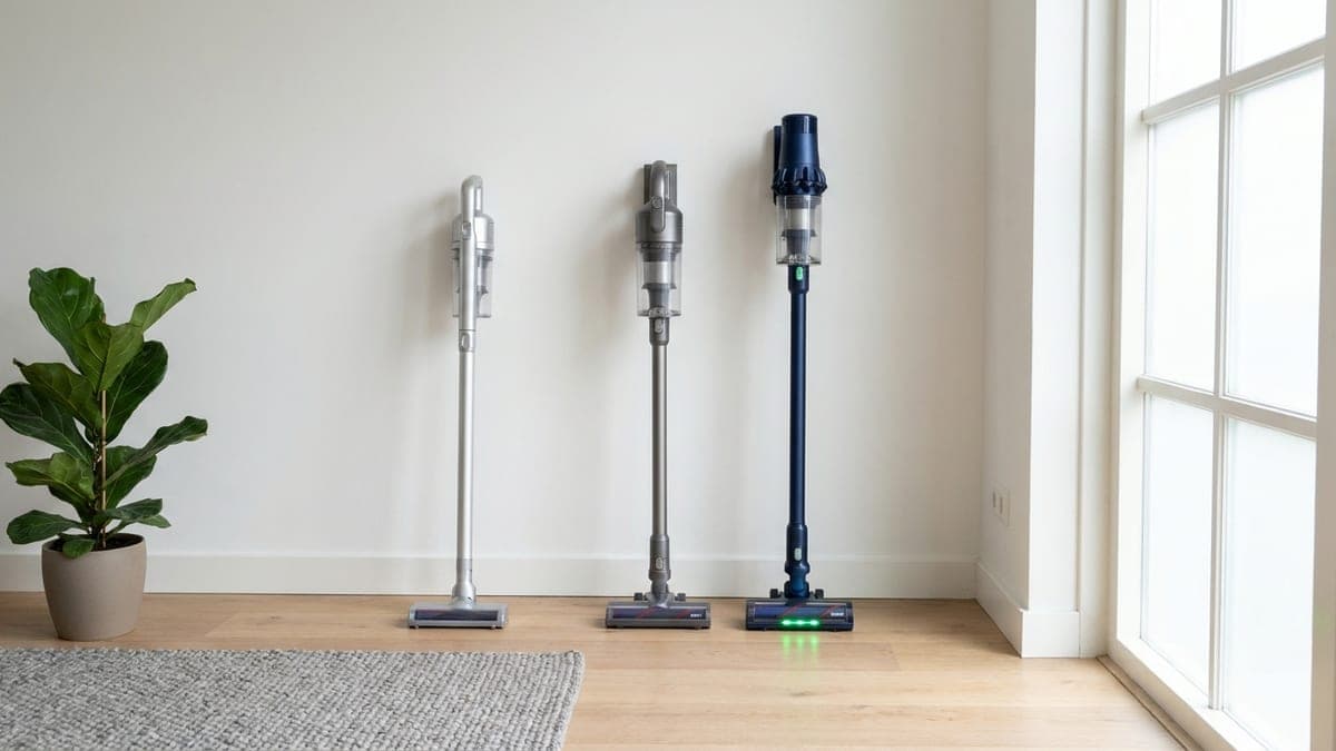 Drie draadloze steelstofzuigers van verschillende grootte naast elkaar tegen een witte muur op een lichte eikenhouten vloer, de rechtse met een groen licht op de vloerkop, naast een vijgenplant en een grijs wollen kleed