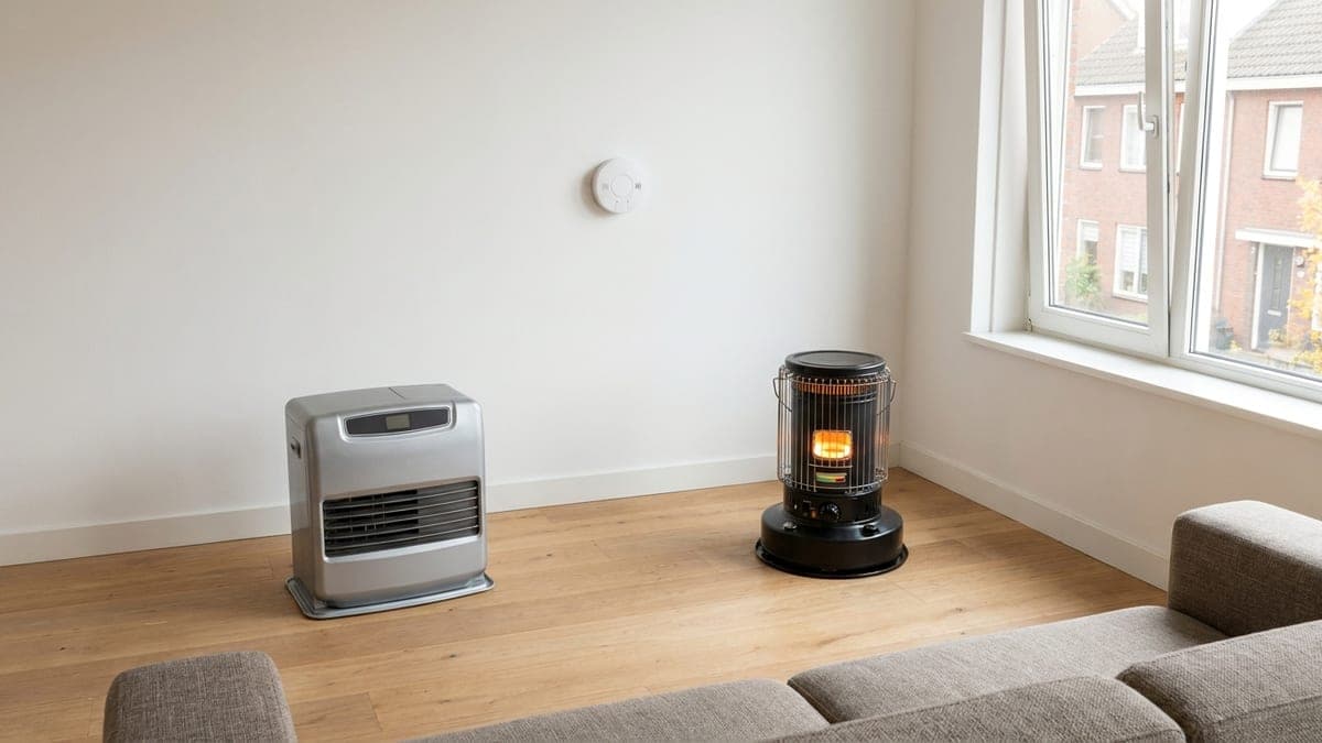 Twee draagbare petroleumkachels op een eikenhouten vloer in een lichte Nederlandse woonkamer: links een zilvergrijze laserkachel met een rooster, rechts een zwarte ronde lontkachel met een oranje gloed achter het rooster, met een melder aan de muur, een groot raam en een bank op afstand
