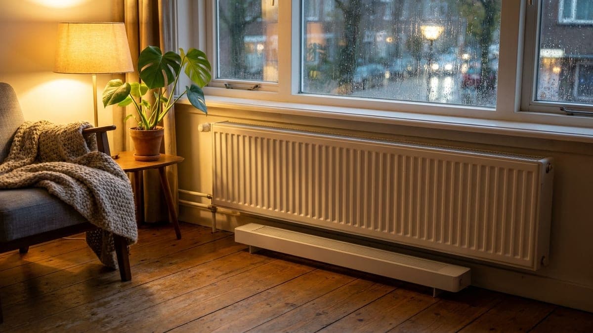 Witte paneelradiator onder een raam in een Nederlandse woonkamer op een regenachtige herfstavond, met een smalle ventilatorbalk eronder op de houten vloer