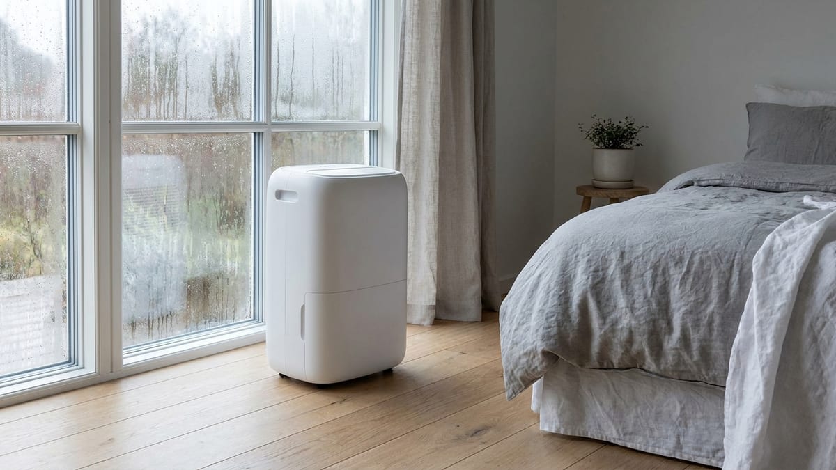 Luchtontvochtiger naast een raam met condens in een lichte slaapkamer