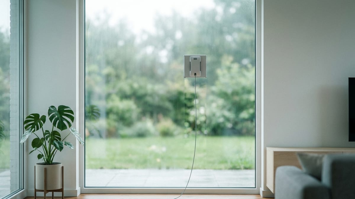 Raamrobot op een groot raam in een lichte woonkamer