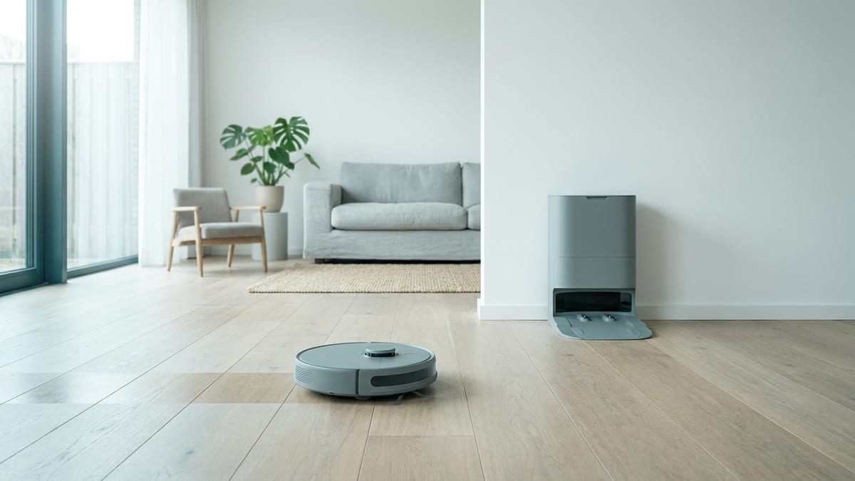 Robotstofzuiger met laadstation op een houten vloer in een lichte woonkamer