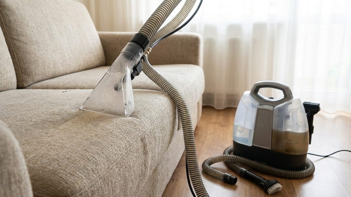 Sproei-extractiemond op een stoffen bank met vlekkenreiniger ernaast