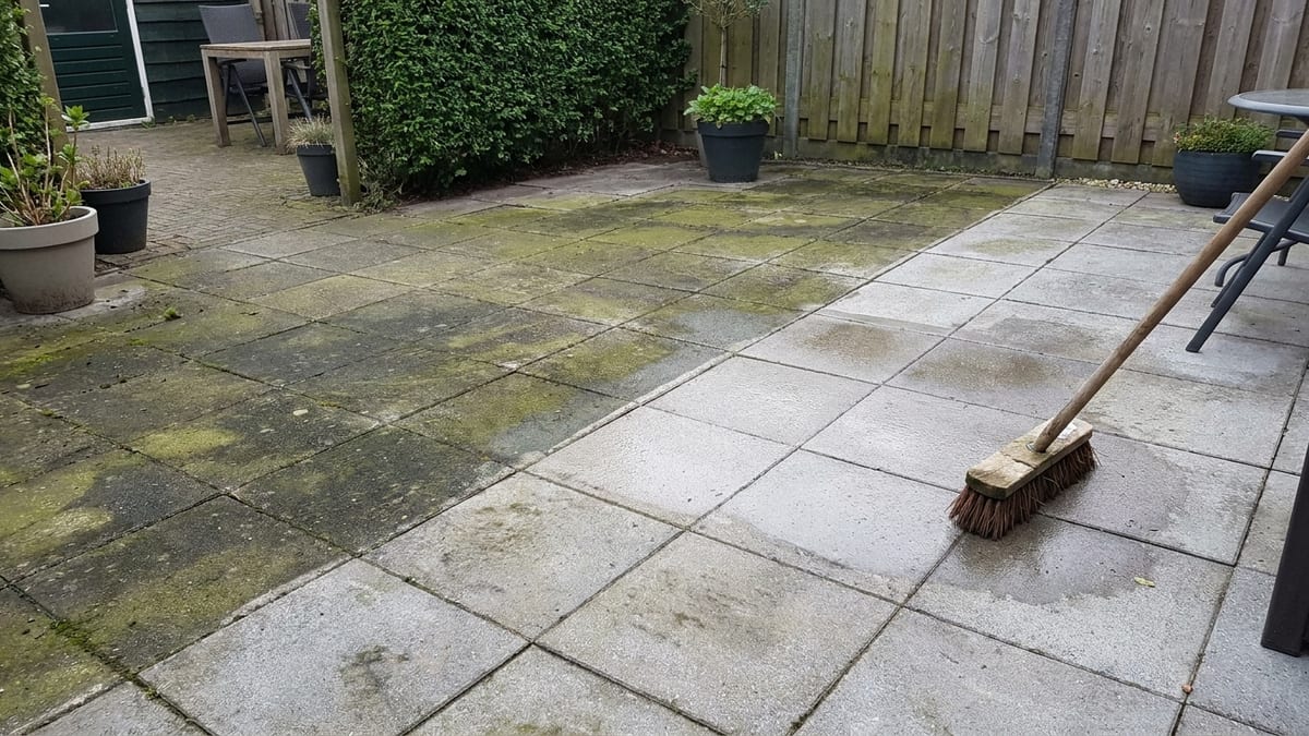Terras met groene aanslag tussen de tegels, half schoongemaakt