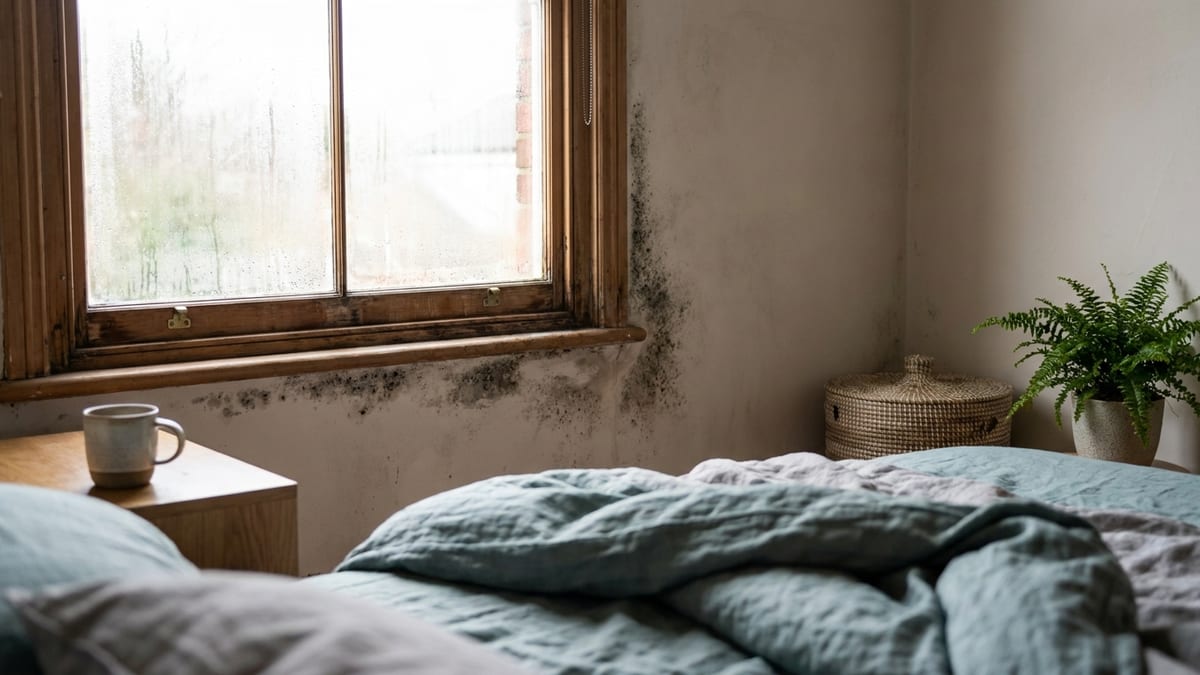 Zwarte schimmelplekken in de hoek van een buitenmuur